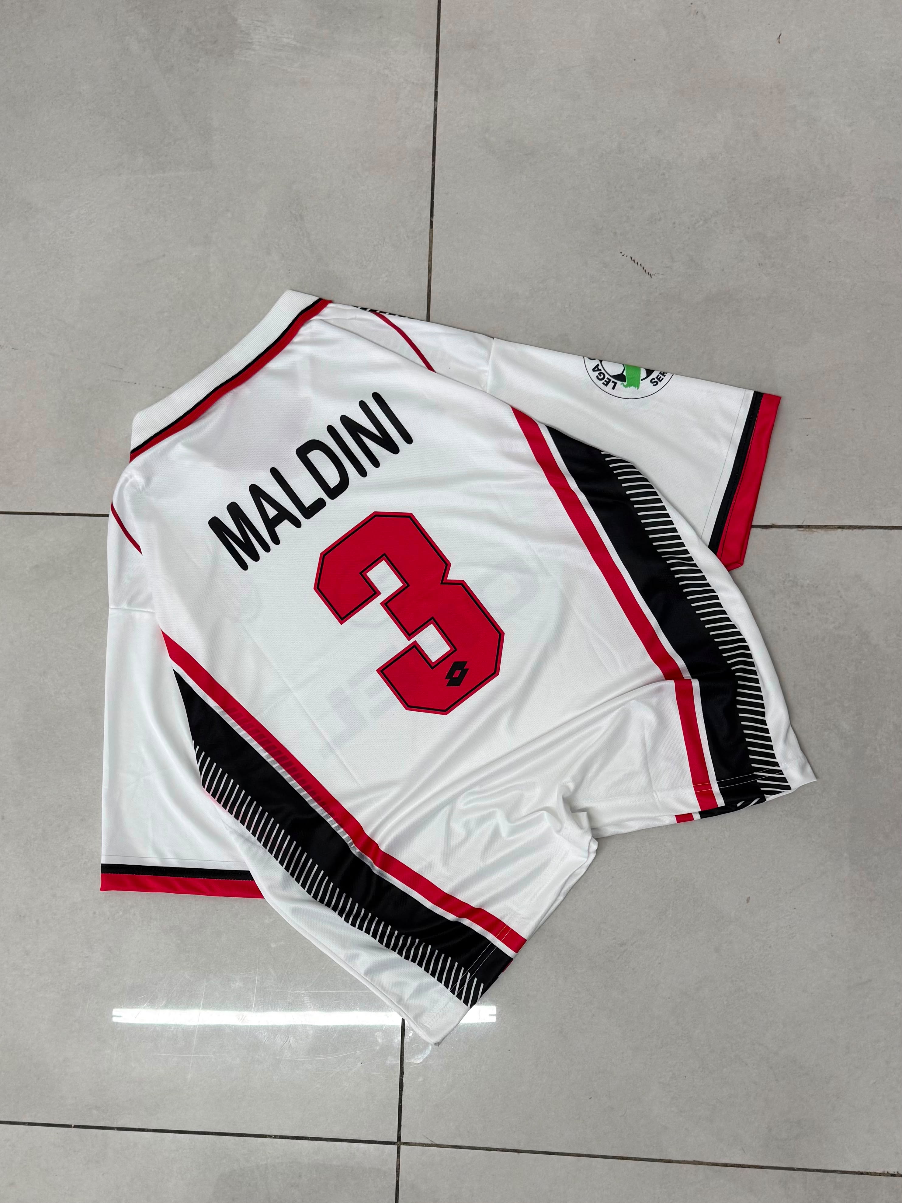 AC MILAN 1997 - 1998 FIVE SLEEVE COLLAR AWAY JERSEY MALDINI
